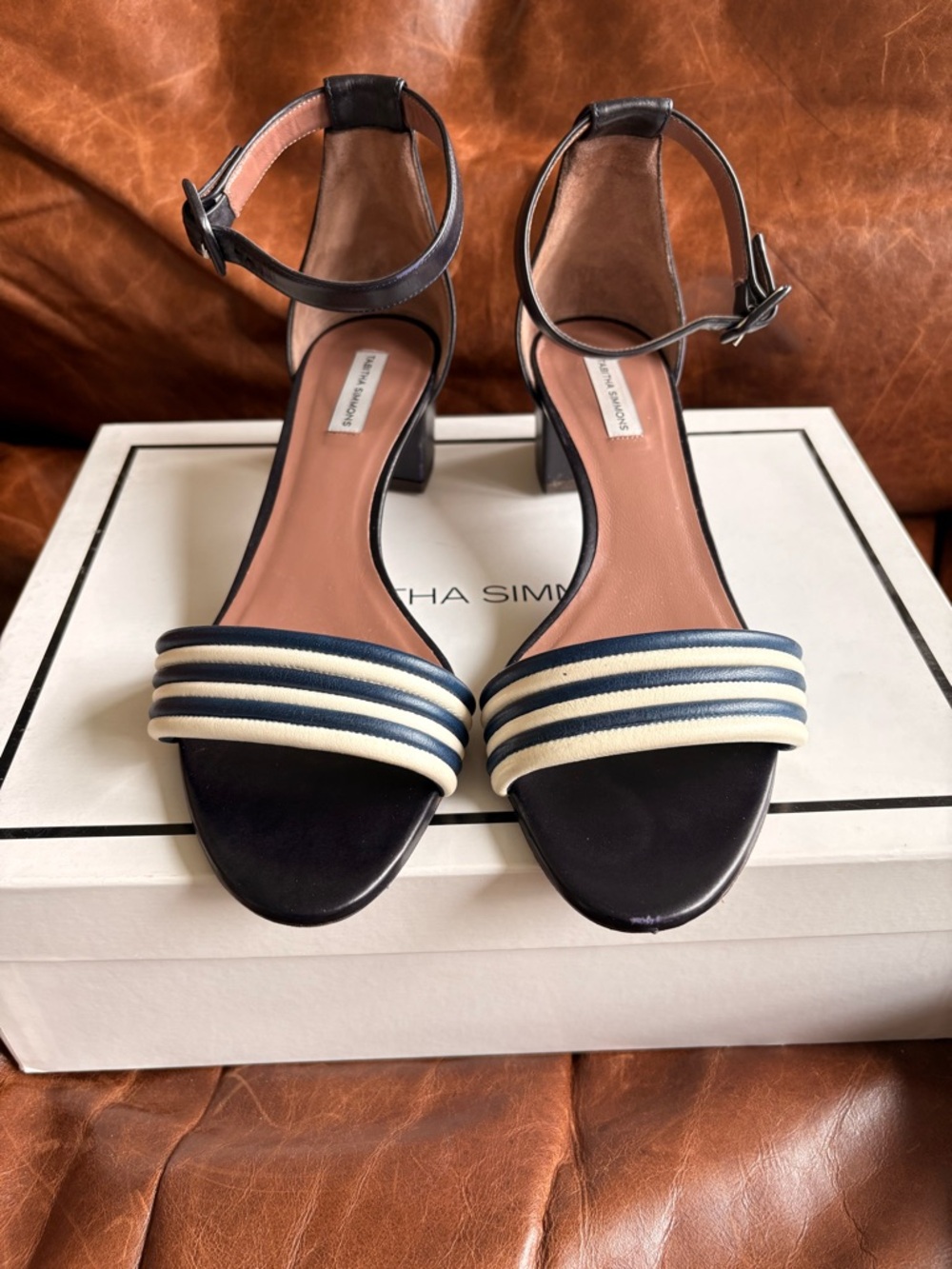 Tabitha Simmons Striped Block Heel Sandals Blue White Leather EU 39